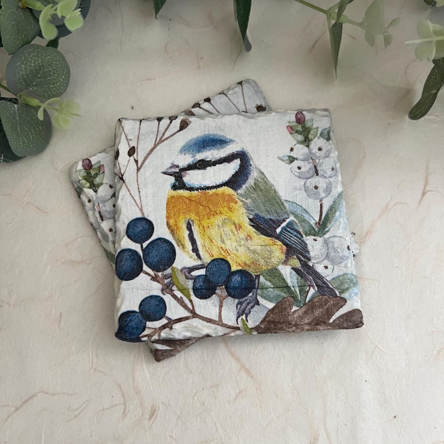 Slate Coasters Set of 2: Decoupage Blue Tit - Home Decor, Dining, Gifts, Kitchen
