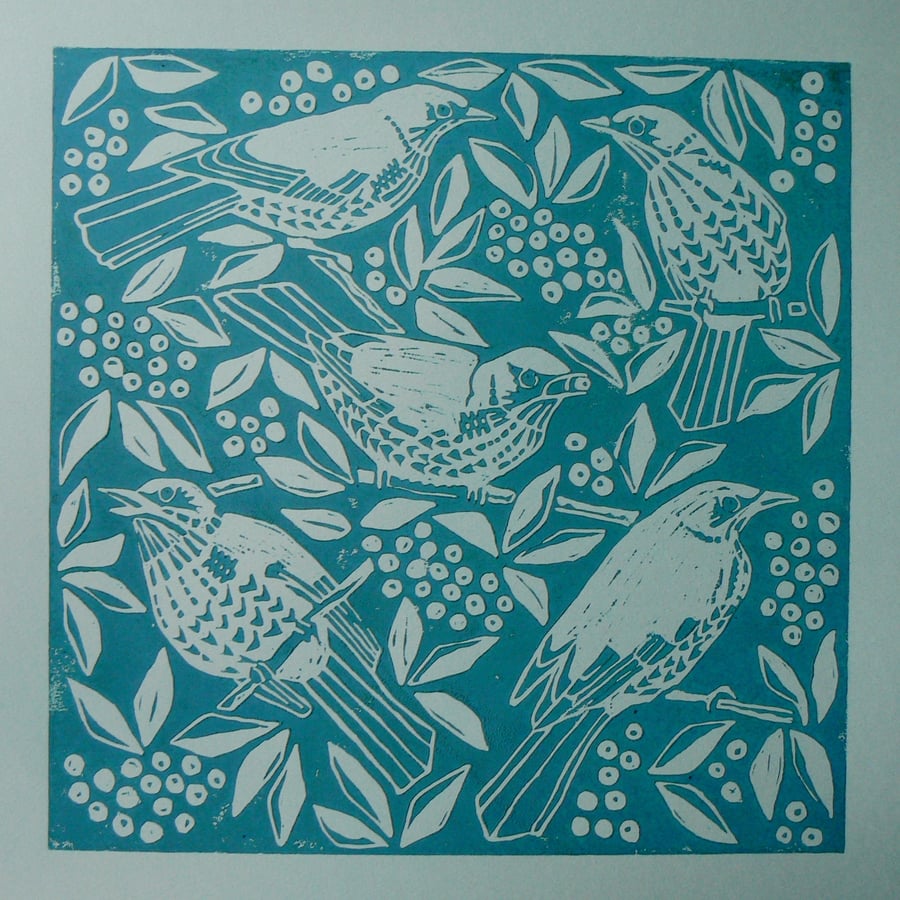 Fieldfares lino print 