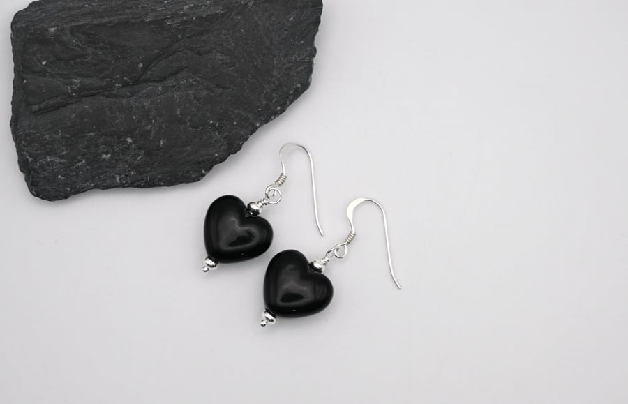 black glass heart earrings