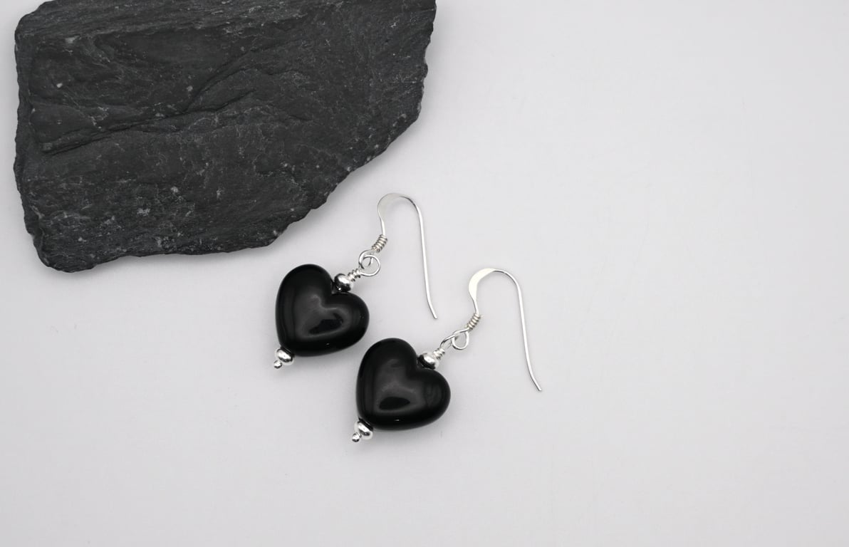 black glass heart earrings