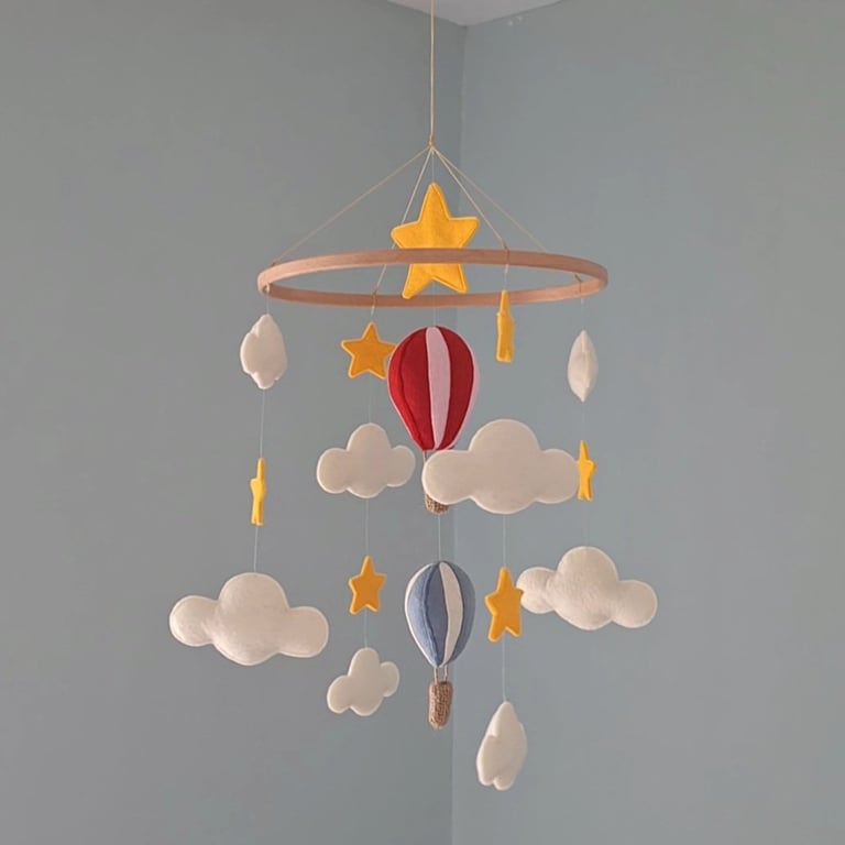 Red and Blue Hot Air Balloon Nursery Mobile, Baby Shower Gift for Boy or Girl