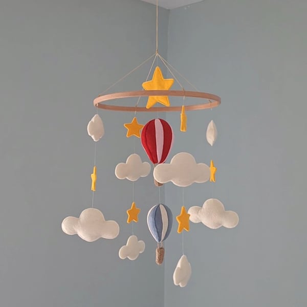 Red and Blue Hot Air Balloon Nursery Mobile, Baby Shower Gift for Boy or Girl