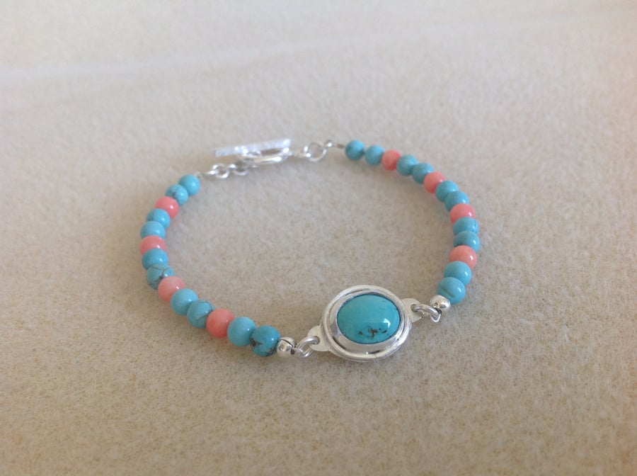 Turquoise and Coral Sterling and Fine silver hand crafted dainty bracelet