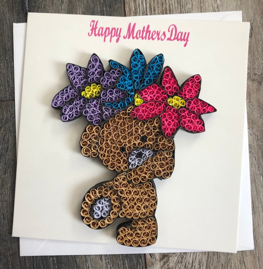 Stunning handmade quilled Mothers Day card Teddy