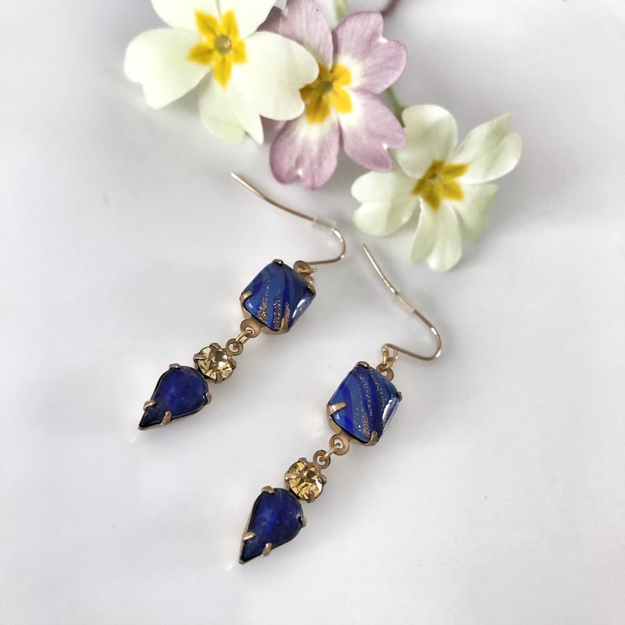 Lapiz lazuli & topaz blue and gold glass earrings with gold filled ear wires 