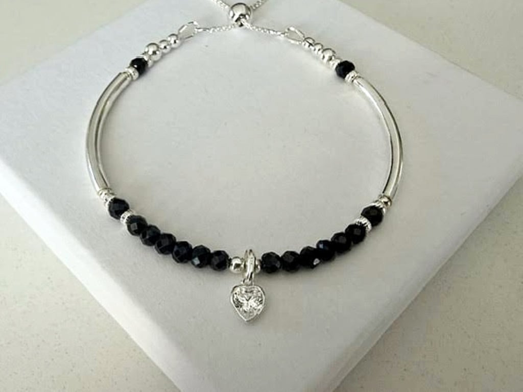Black Spinel & Sterling Silver Noodle Bracelet with CZ Charm  Adjustable Slider