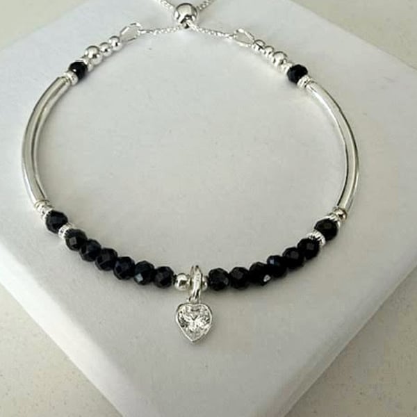 Black Spinel & Sterling Silver Noodle Bracelet with CZ Charm  Adjustable Slider