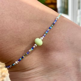 Green Lampwork & Miyuki Beaded Anklet. Sterling Silver. Extension Chain. 