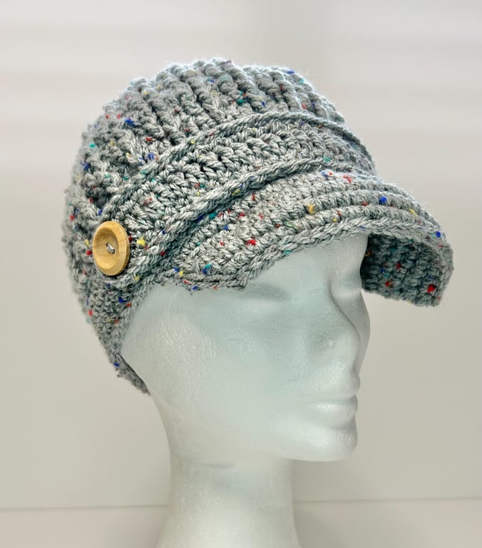 Baker Boy Hat, Newsboy hat, Ladies Hat, Blue Grey Mix Hat, Beanie, Crochet hat
