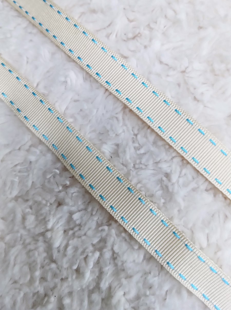 1m light teal stitched cream GROSGRAIN ribbon for crafting and sewing