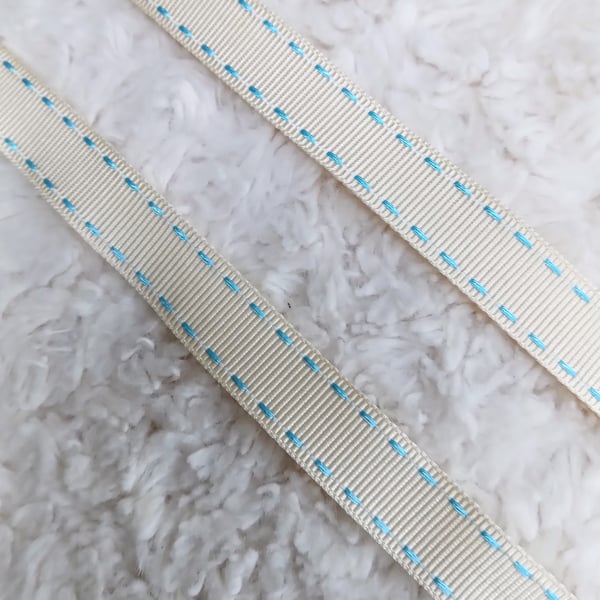 1m light teal stitched cream GROSGRAIN ribbon for crafting and sewing