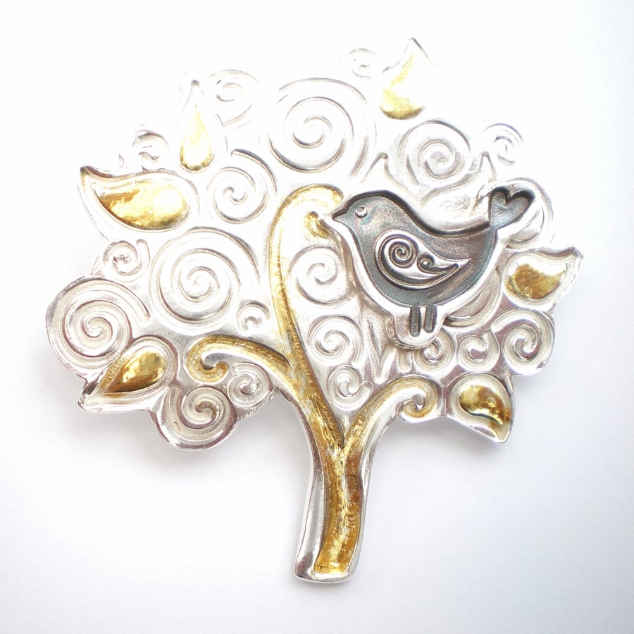 Folklore Silver and Gold Bird and Tree Brooch
