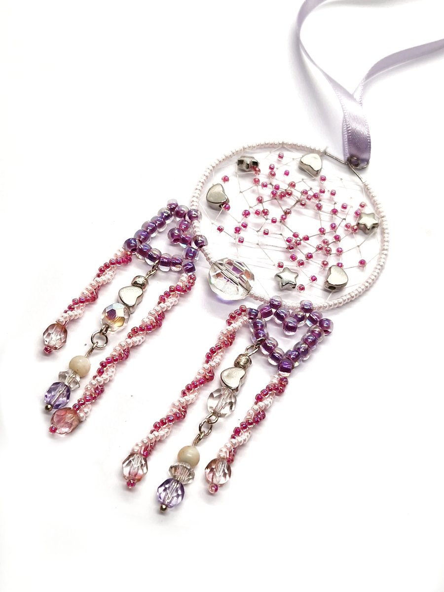 Pink purple and white love heart and stars beaded hanging dreamcatcher