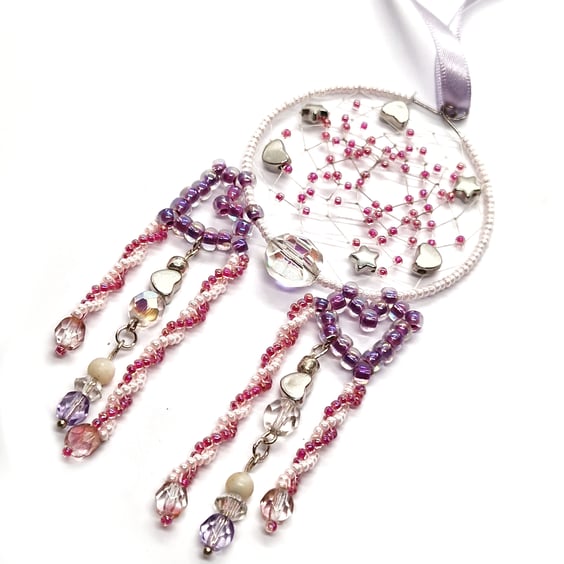 Pink purple and white love heart and stars beaded hanging dreamcatcher