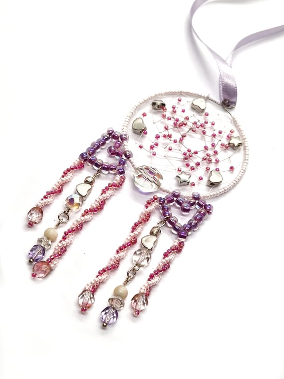 Pink purple and white love heart and stars beaded hanging dreamcatcher