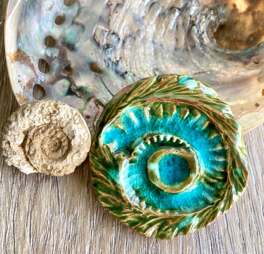 Turquoise crackle ammonite brooch