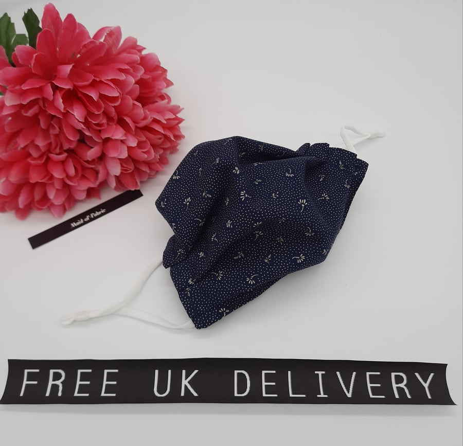 Face mask,  small, 3 layer, adjustable, washable in navy dot