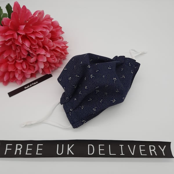 Face mask,  small, 3 layer, adjustable, washable in navy dot