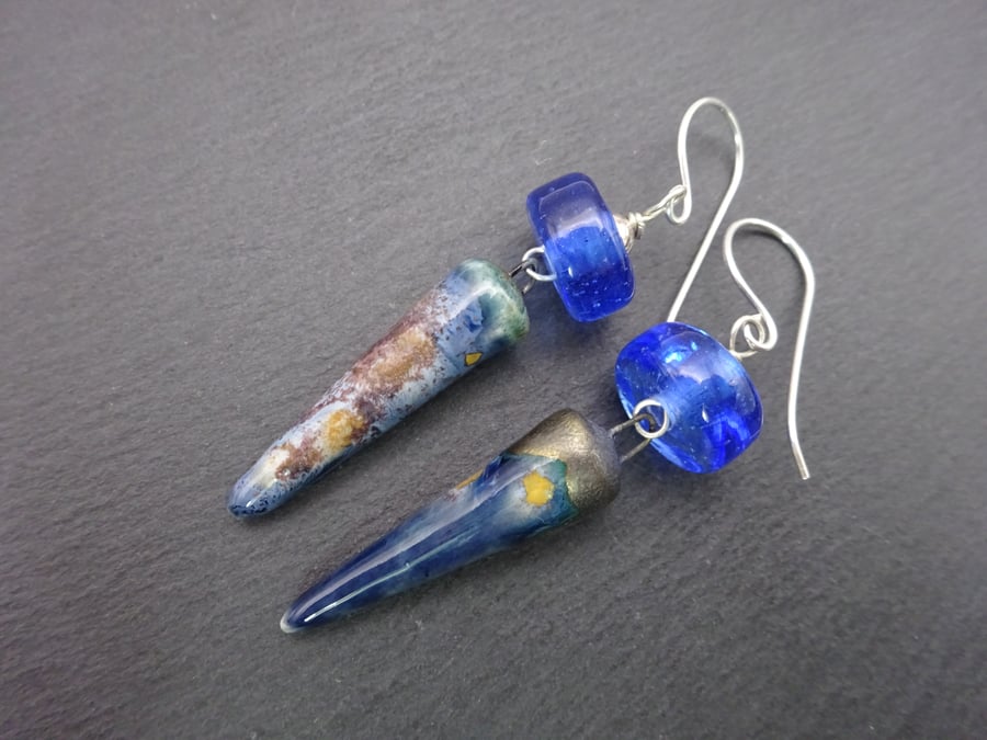 blue lampwork glass and ceramic earrings
