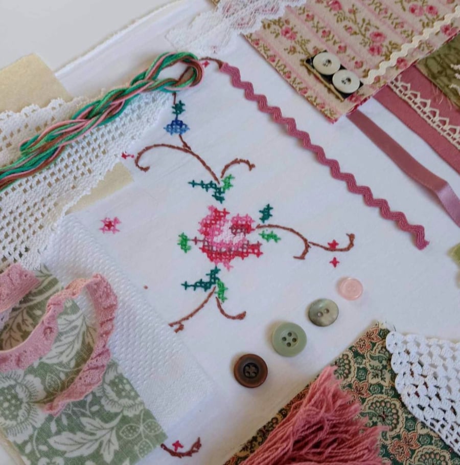 Slow Stitching kit - Vintage white linen with hand embroidered flowers