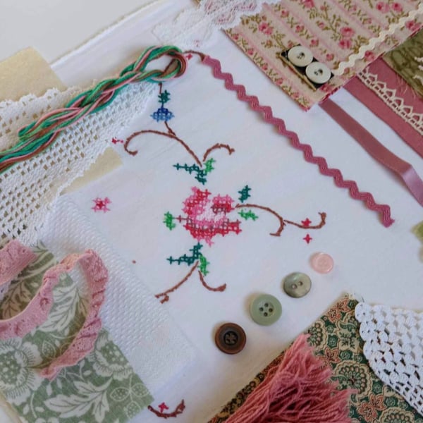 Slow Stitching kit - Vintage white linen with hand embroidered roses