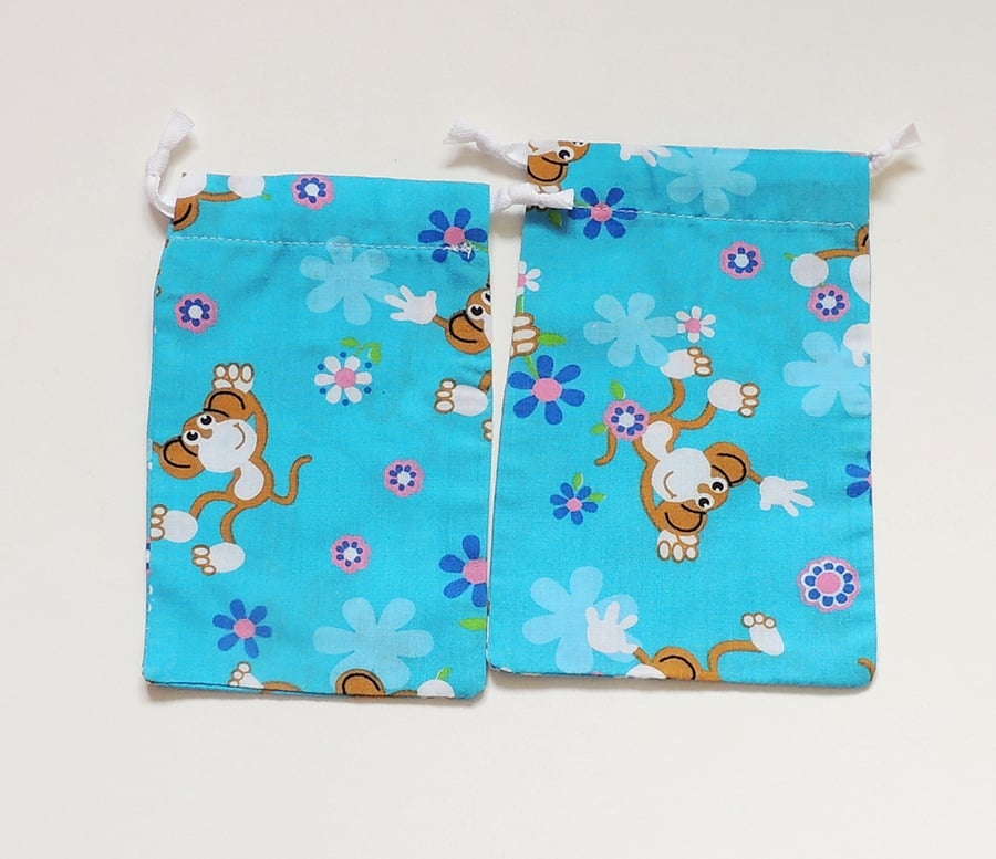 2 x Blue Drawstring Gift Bags with Monkeys for Jewellery or Small Items, (GB02)