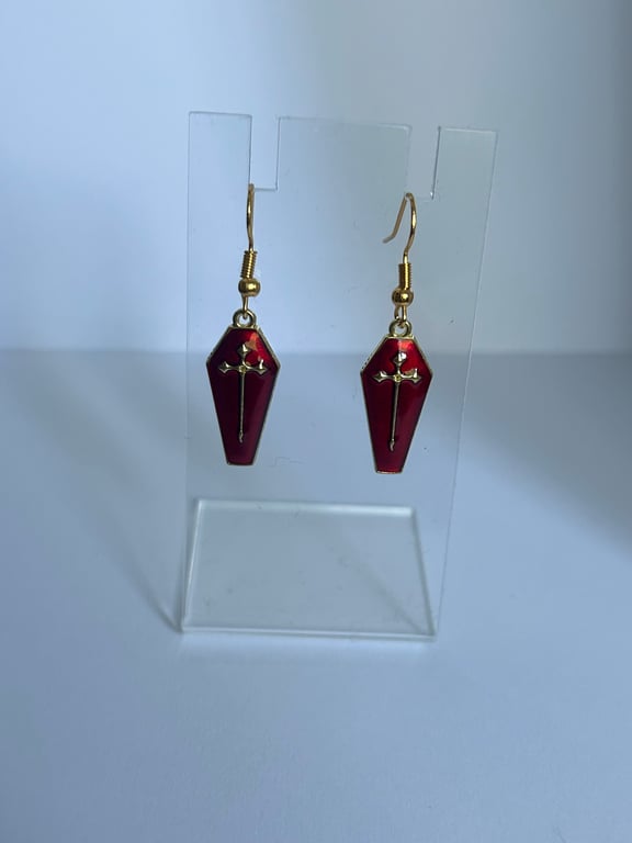 Gold and blood red coffin drop down earrings