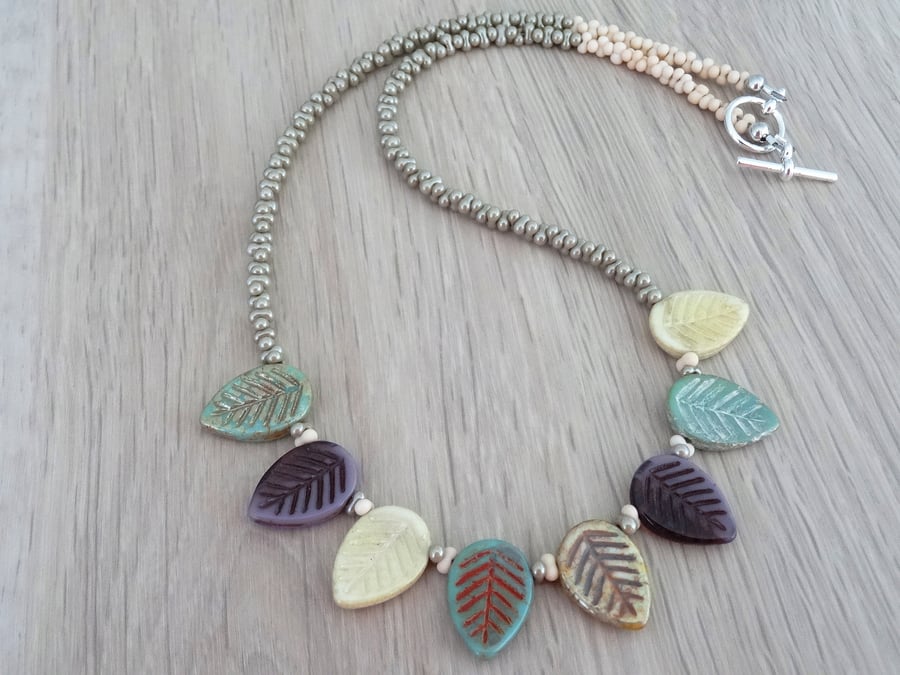 Leaf Necklace, Czech Glass Necklace, Green,cream, sage, mauve and wheat necklace