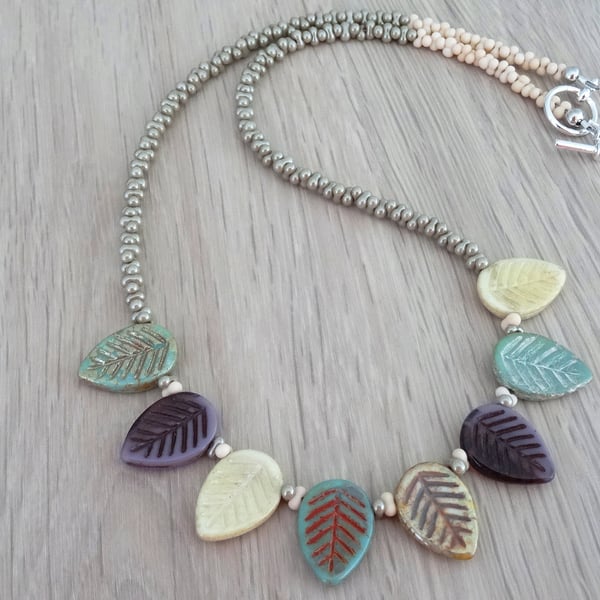 Leaf Necklace, Czech Glass Necklace, Green,cream, sage, mauve and wheat necklace