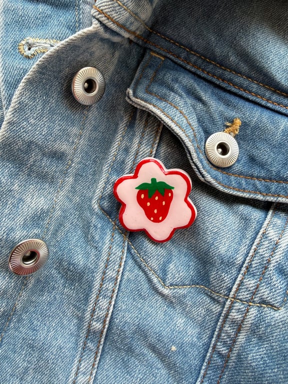 Strawberry Flower Polymer Clay Pin Badge