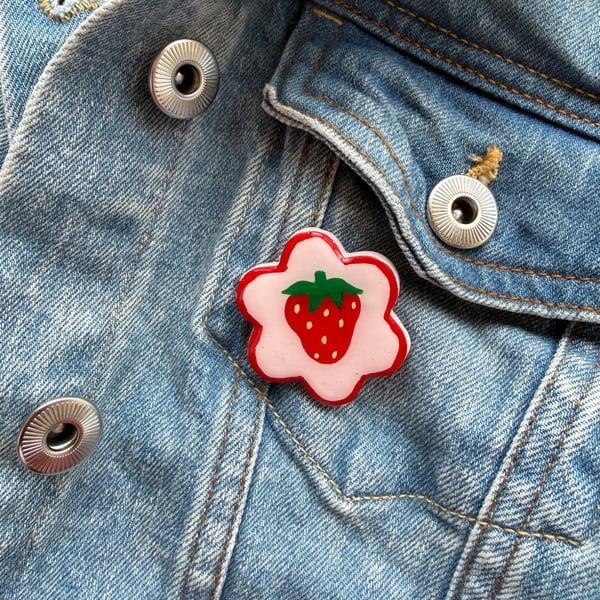 Strawberry Flower Polymer Clay Pin Badge