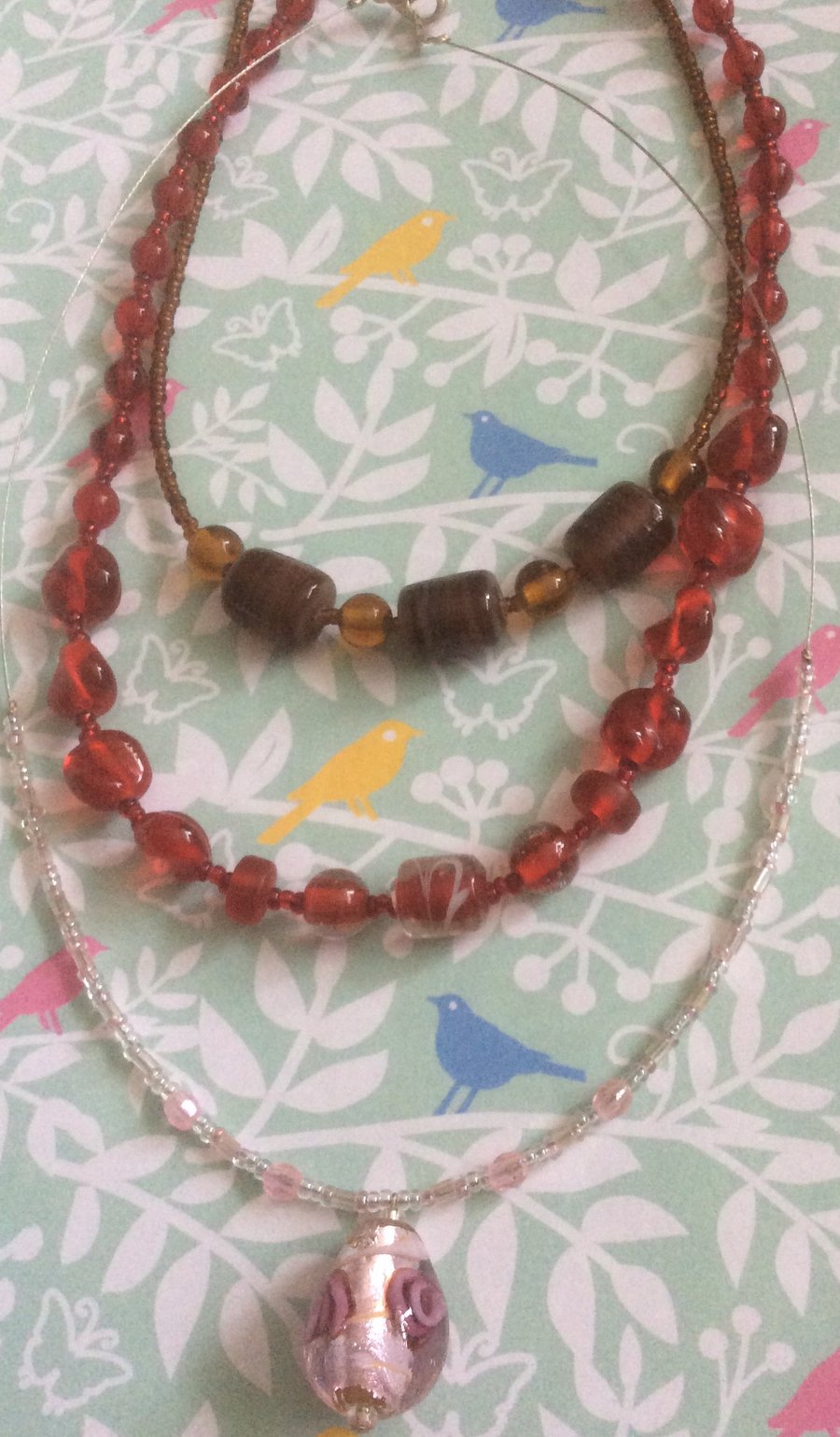 3 Handmade Glass Bead Necklaces, Red, Brown, Pink.
