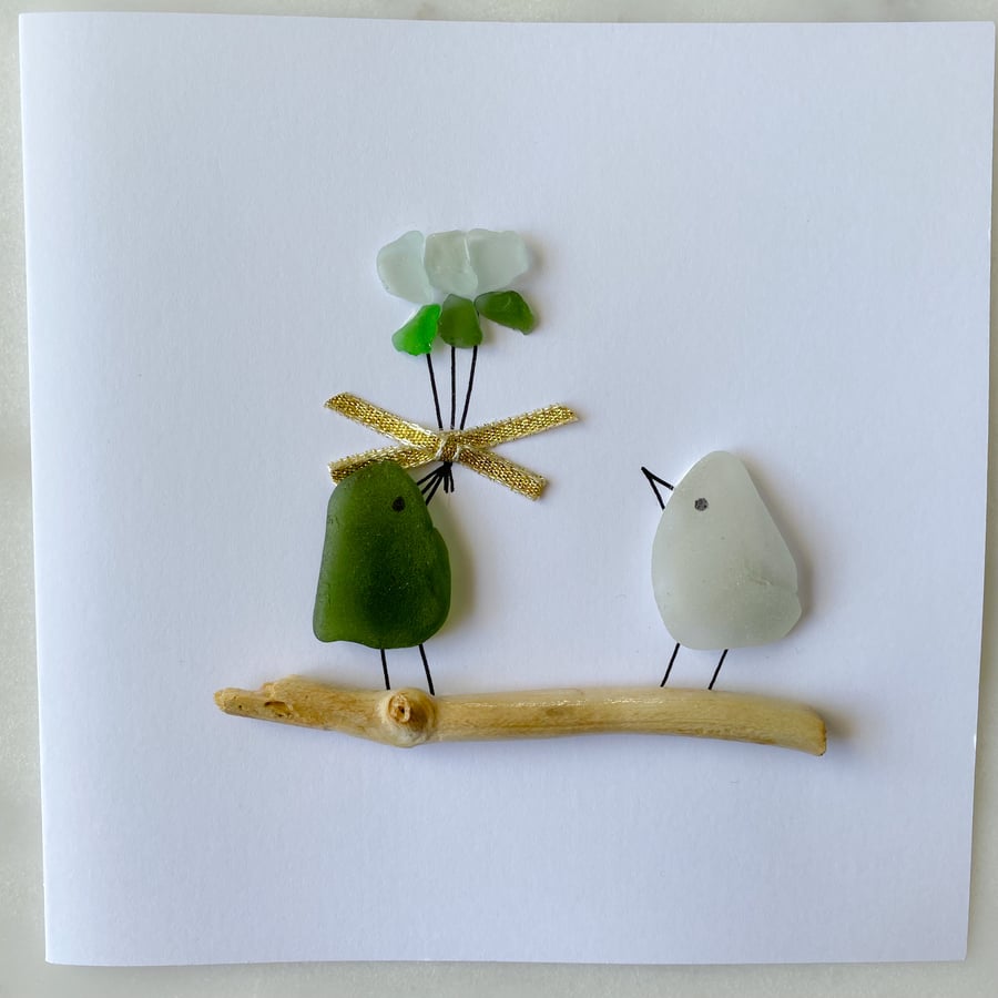SALE Cornwall sea glass bird & bouquet design greetings card