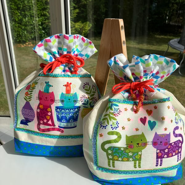2 cats and 2 mice lined drawstring project forever gift bag