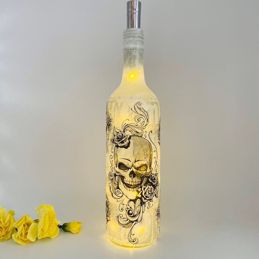 Day of the Dead Skull Decoupage Bottle with Lights - Gothic Halloween Decor