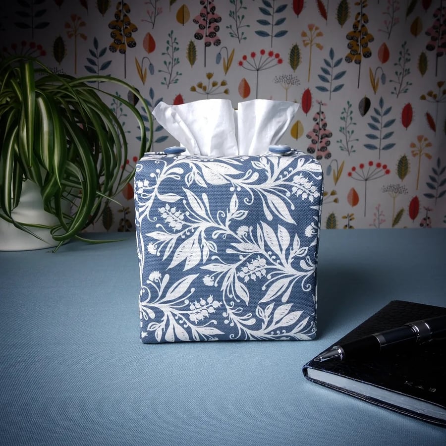 Square Tissue Box Cover - Wildflowers on Dark Blue