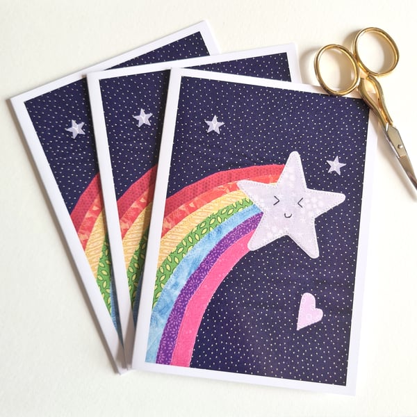 Pack of 10 Notecards 'Rainbow Star' printed from original textile art