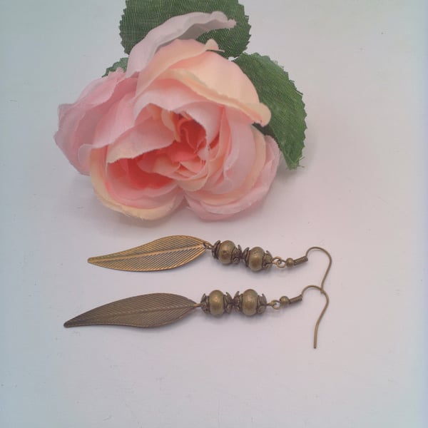  Boho Style Antique Bronze Feather and Ball Earrings , Gift for Her, Feathers