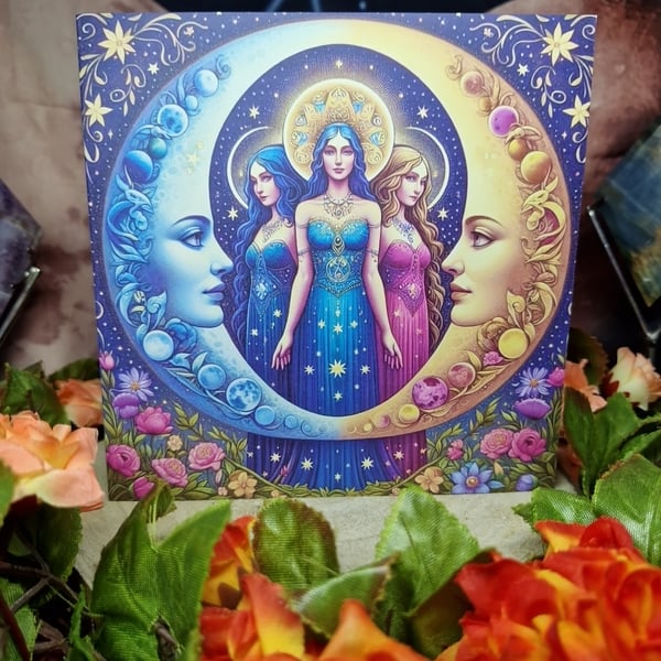 Beautiful Illustrated Triple Moon Goddess Greeting Card 