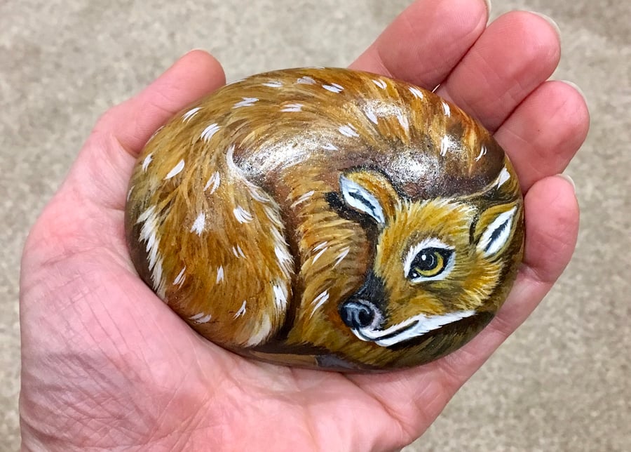 Deer hand painted pebble garden rock art wildlife portrait 