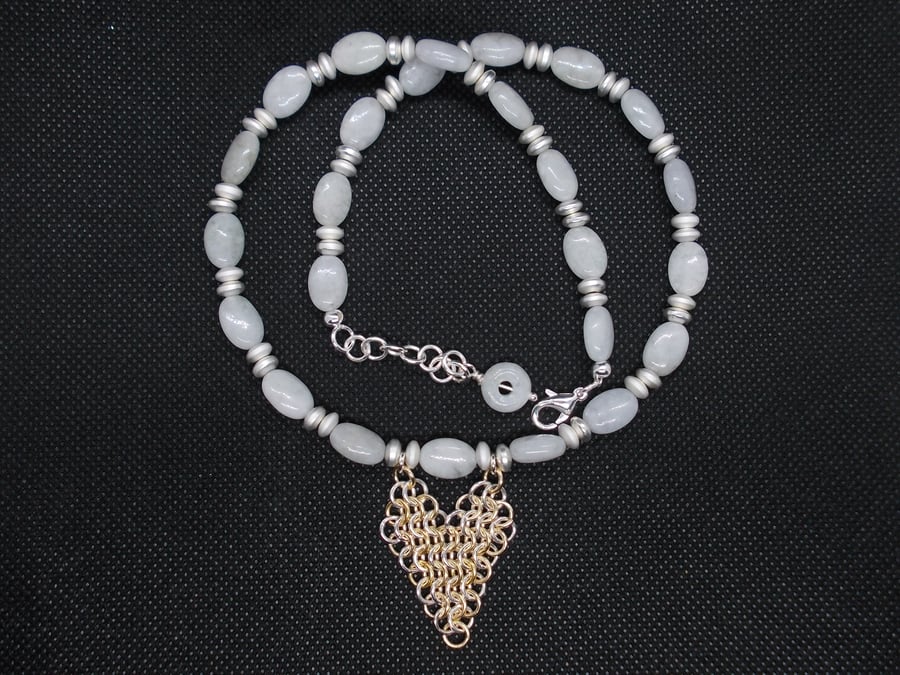 SALE - Jadeite and Haematite necklace with chainmaille heart pendant