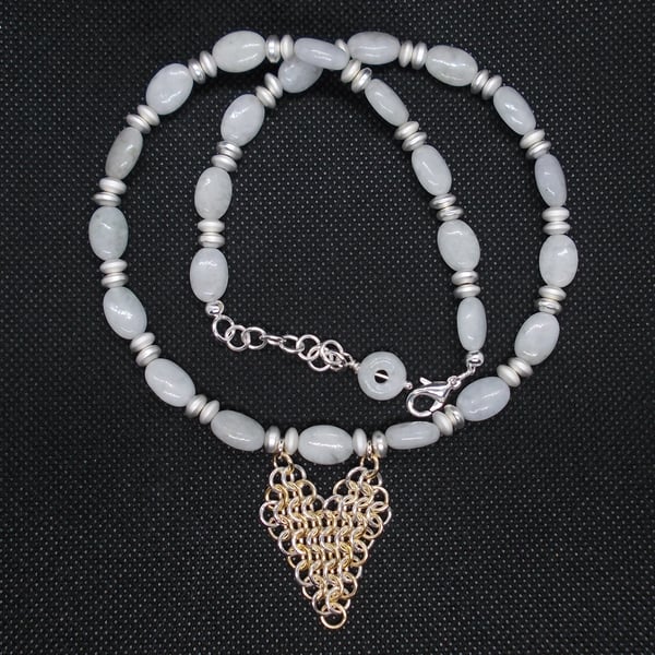 Jadeite and Haematite necklace with chainmaille heart pendant
