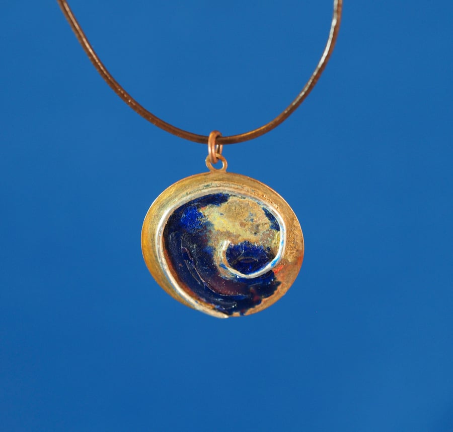 Blue Enamel Copper and Silver Circular Pendant