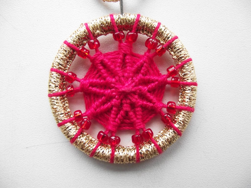 Christmas Tree Decoration, Handmade, Beaded Dorset Button, Gold, Red