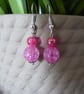 BRIGHT PINK CRACKLE BEADED EARRINGS GOLD PLATED HOOK 3.5cm drop dangle
