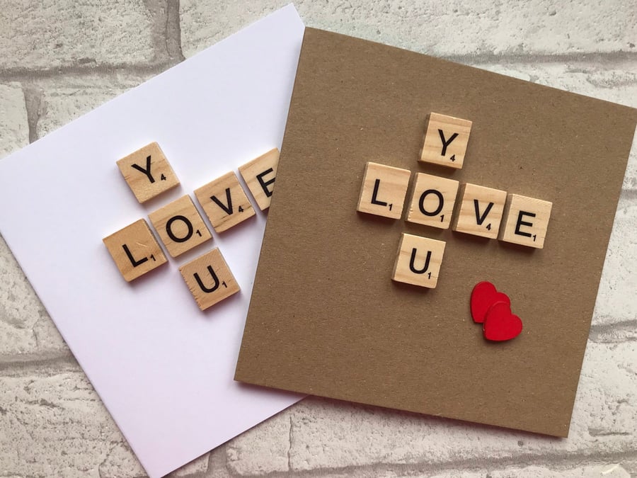 Handmade 'Love You' Scrabble Card with Wooden Hearts