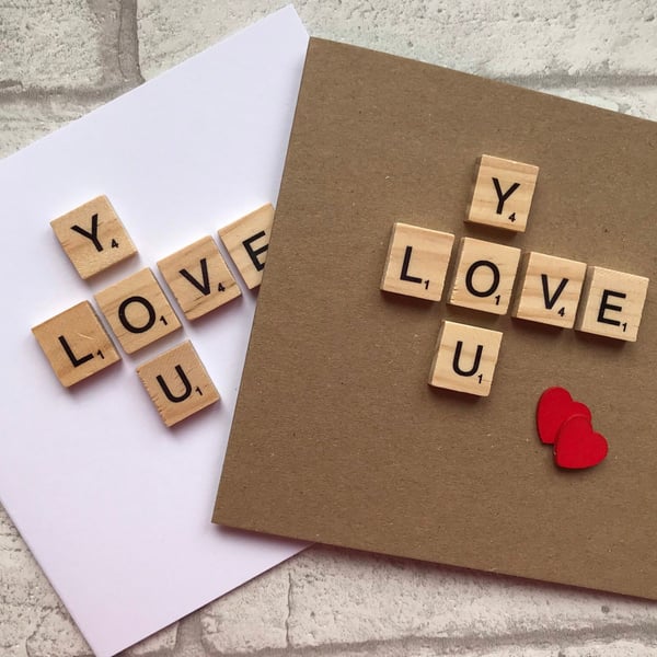 Handmade 'Love You' Scrabble Card with Wooden Hearts