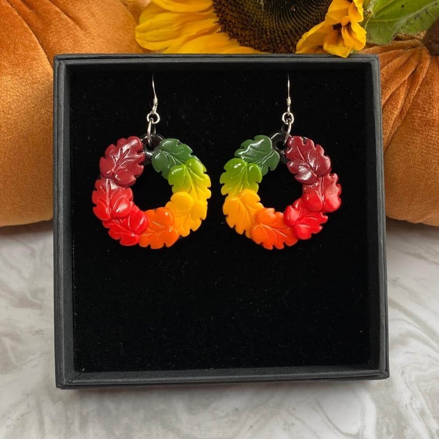 Autumn leaf wreath statement earrings polymer clay on sterling silver ear wires.