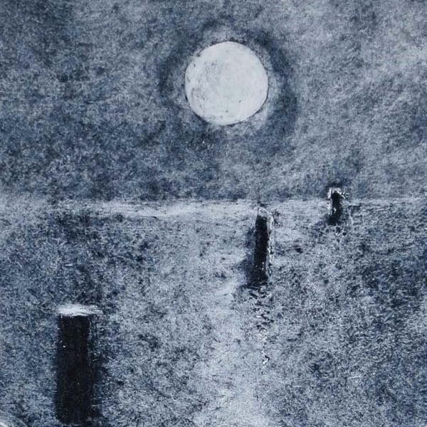 Moon over the sea original collagraph print