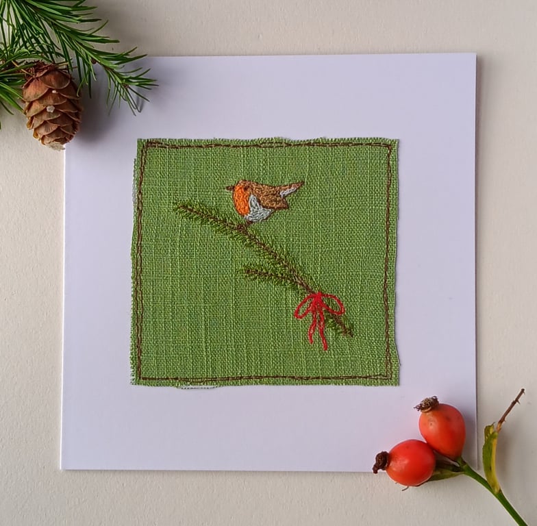 Textile Christmas Card with Robin on a Pine Branch